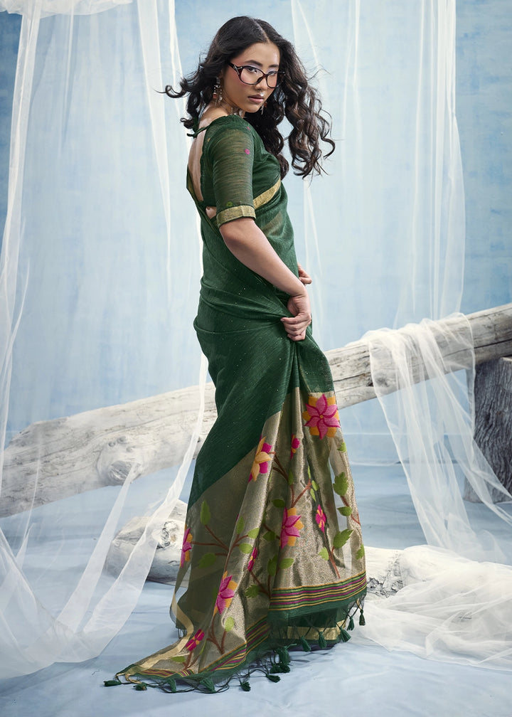 Forest Green Munga Silk Handloom Saree with Floral Tissue Pallu