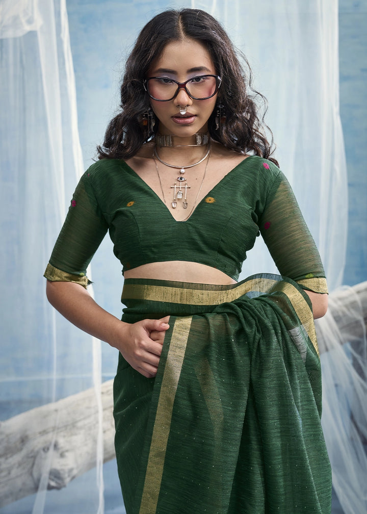 Forest Green Munga Silk Handloom Saree with Floral Tissue Pallu