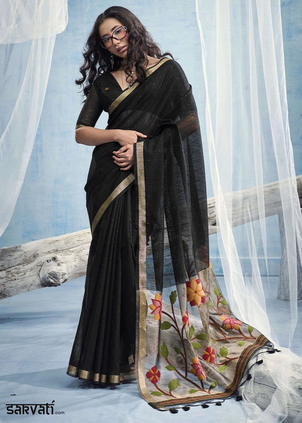 Black Munga Silk Handloom Saree with Floral Tissue Pallu
