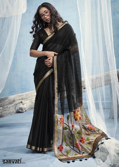 Black Munga Silk Handloom Saree with Floral Tissue Pallu
