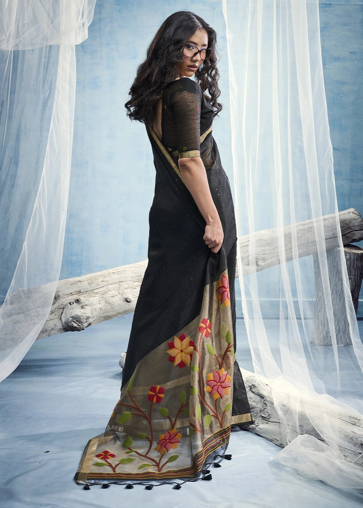 Black Munga Silk Handloom Saree with Floral Tissue Pallu