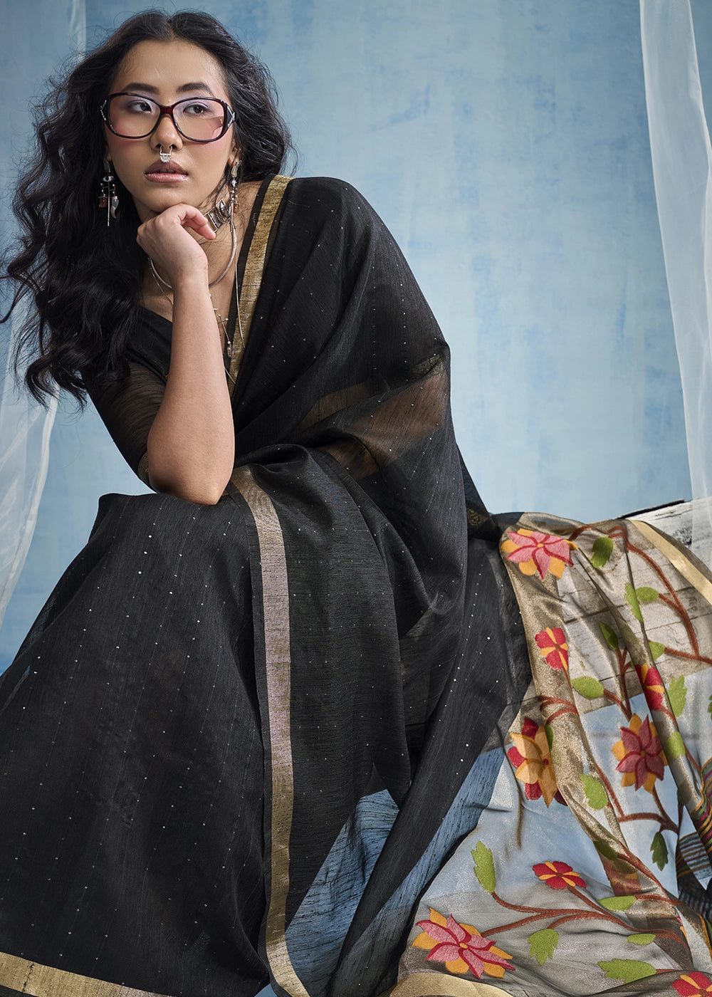 Black Munga Silk Handloom Saree with Floral Tissue Pallu