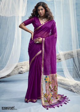 Royal Purple Munga Silk Handloom Saree with Floral Pallu
