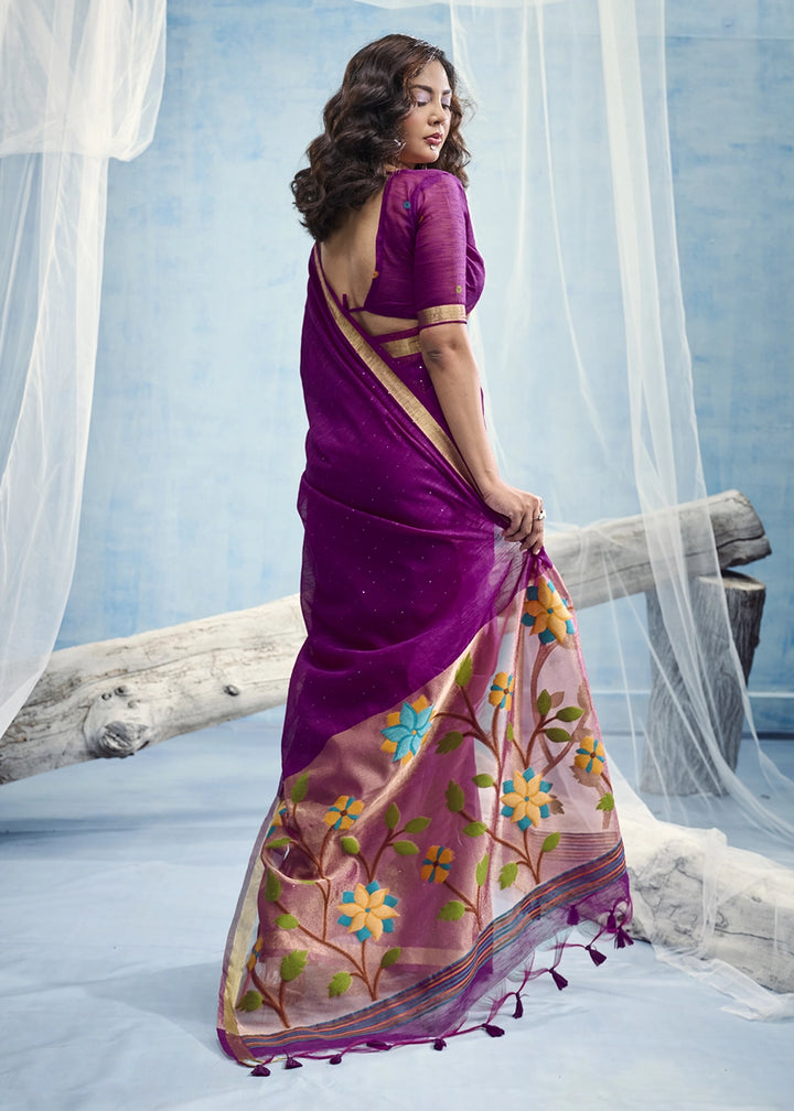 Royal Purple Munga Silk Handloom Saree with Floral Tissue Pallu