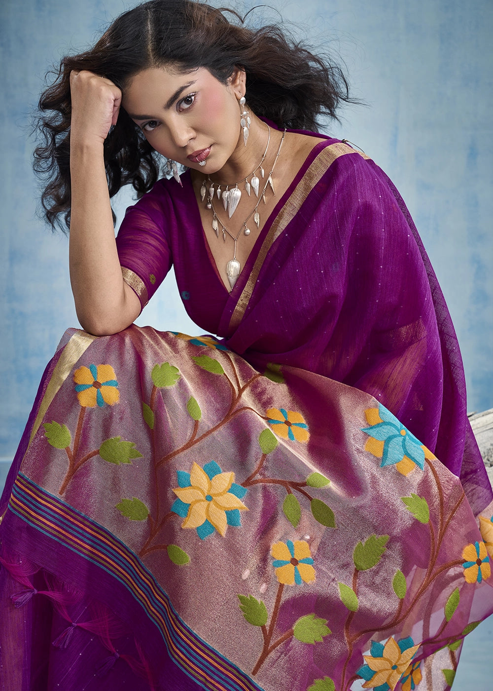 Royal Purple Munga Silk Handloom Saree with Floral Tissue Pallu