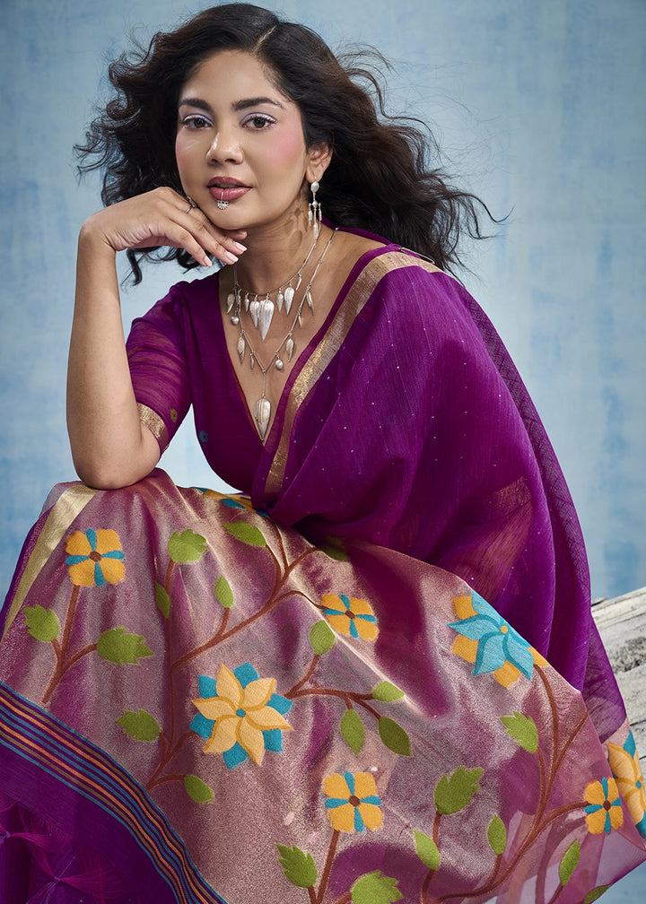 Royal Purple Munga Silk Handloom Saree with Floral Tissue Pallu