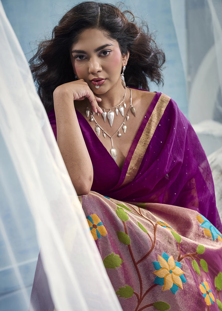 Royal Purple Munga Silk Handloom Saree with Floral Tissue Pallu