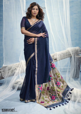 Navy Blue Munga Silk Handloom Saree with Floral Pallu