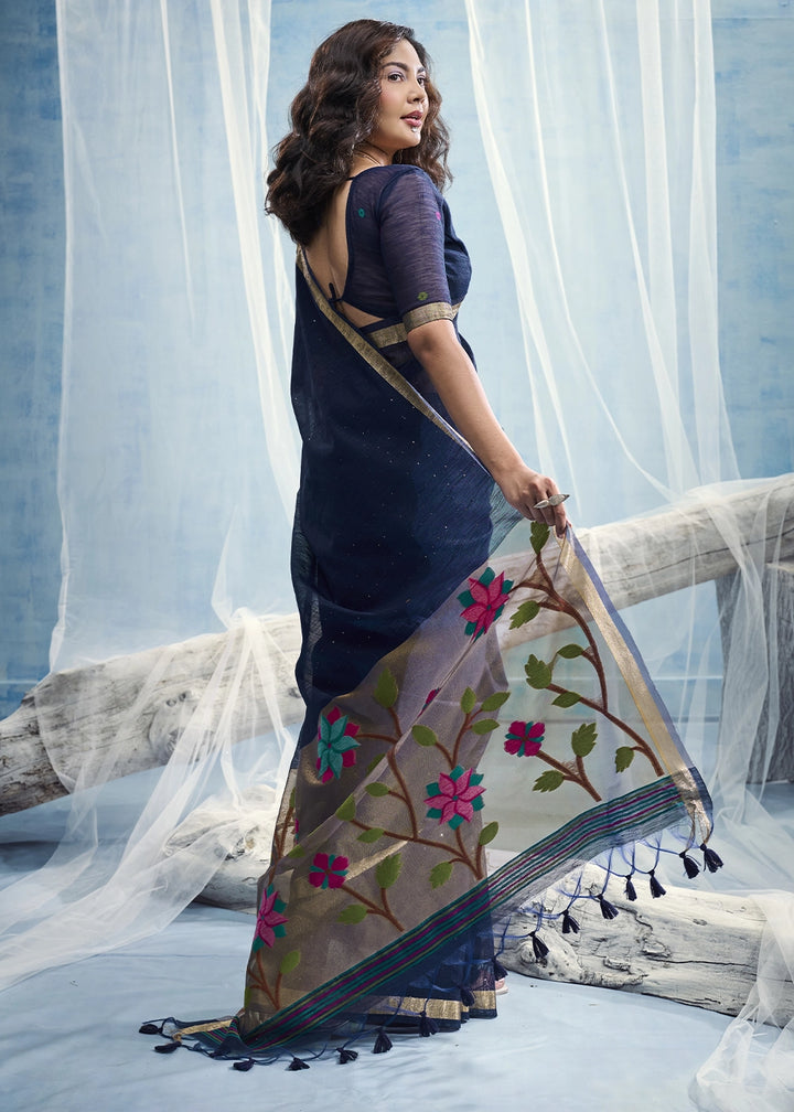 Navy Blue Munga Silk Handloom Saree with Floral Tissue Pallu