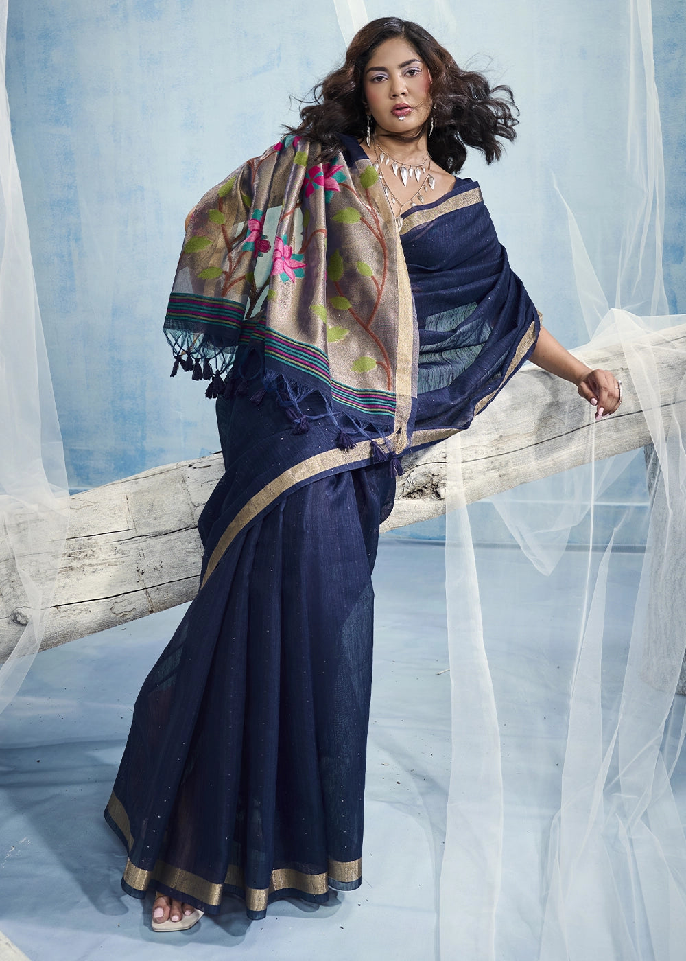 Navy Blue Munga Silk Handloom Saree with Floral Tissue Pallu