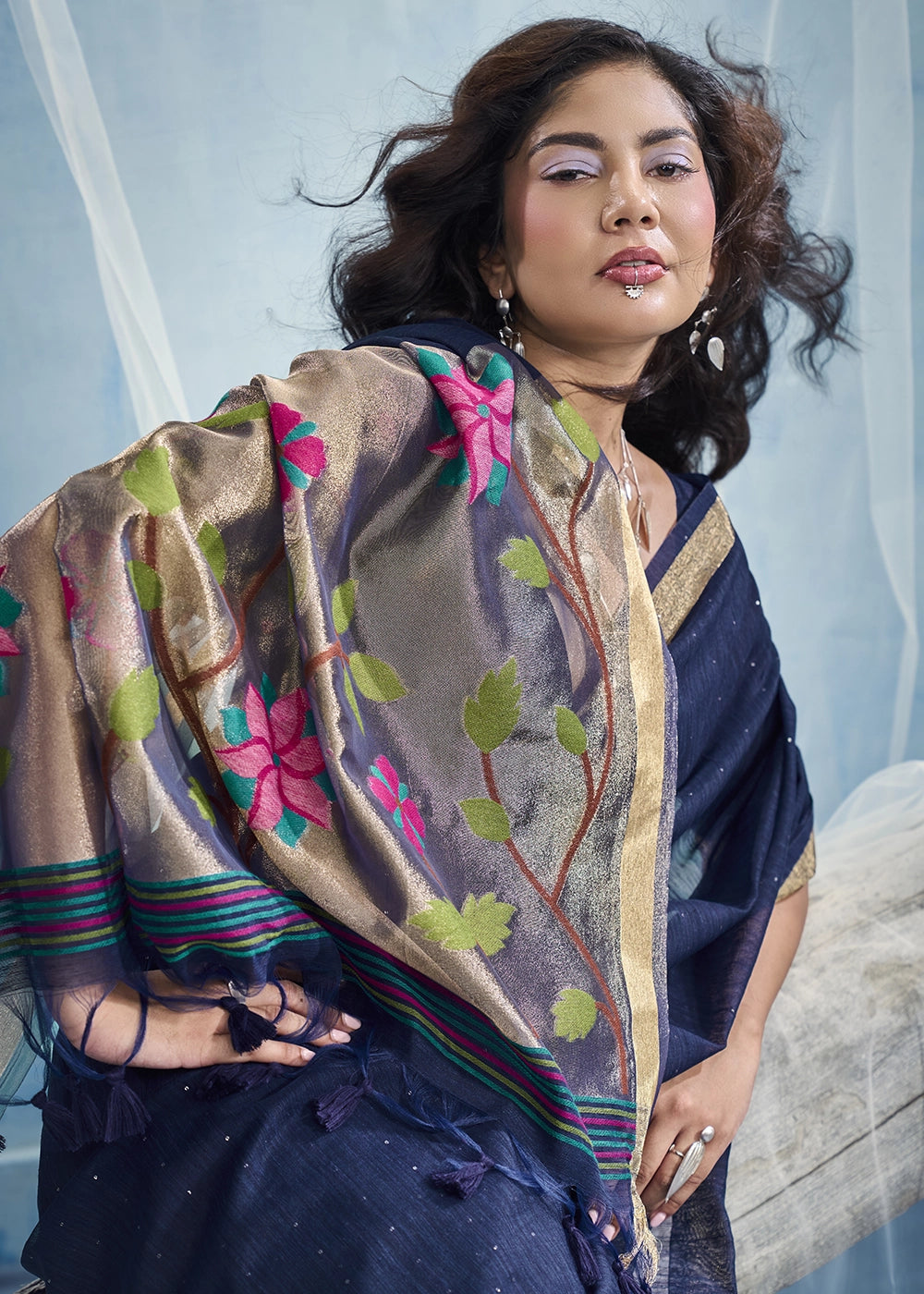 Navy Blue Munga Silk Handloom Saree with Floral Tissue Pallu