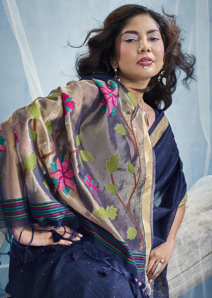 Navy Blue Munga Silk Handloom Saree with Floral Tissue Pallu