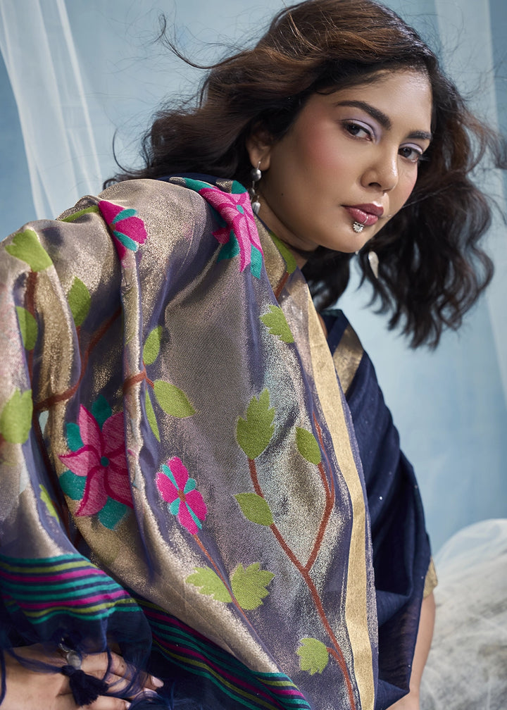 Navy Blue Munga Silk Handloom Saree with Floral Tissue Pallu