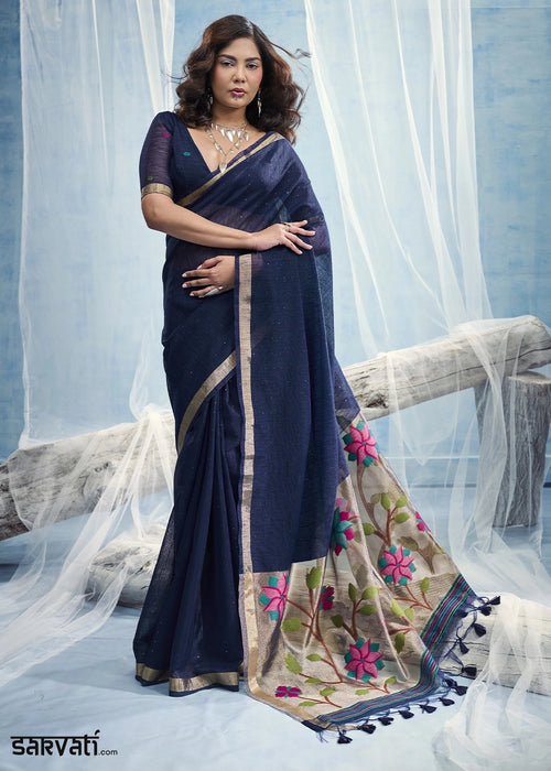 Navy Blue Munga Silk Handloom Saree with Floral Tissue Pallu