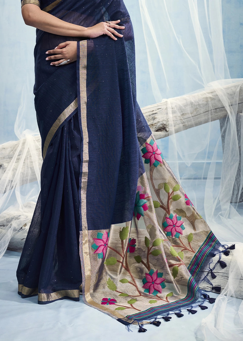 Navy Blue Munga Silk Handloom Saree with Floral Tissue Pallu