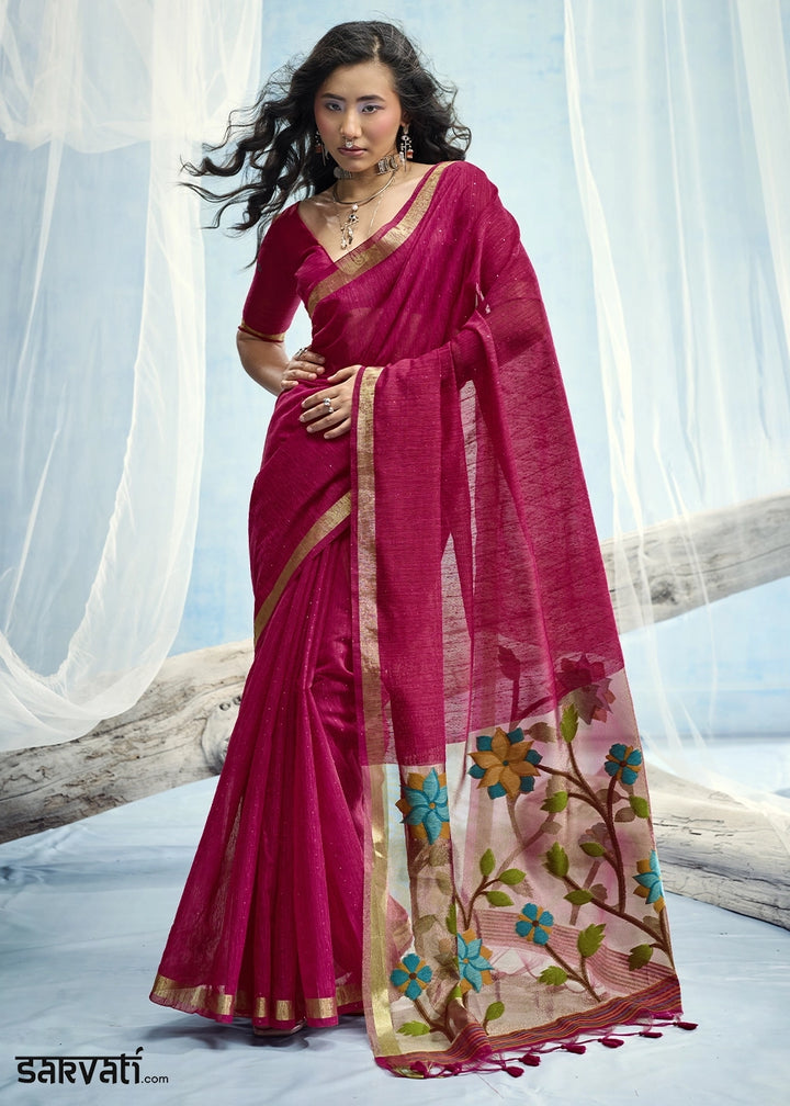 Magenta Pink Munga Silk Handloom Saree with Floral Tissue Pallu