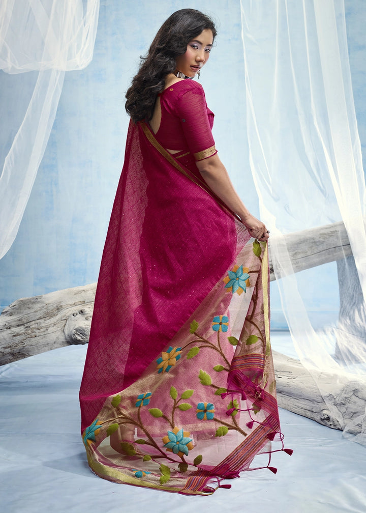 Magenta Pink Munga Silk Handloom Saree with Floral Tissue Pallu