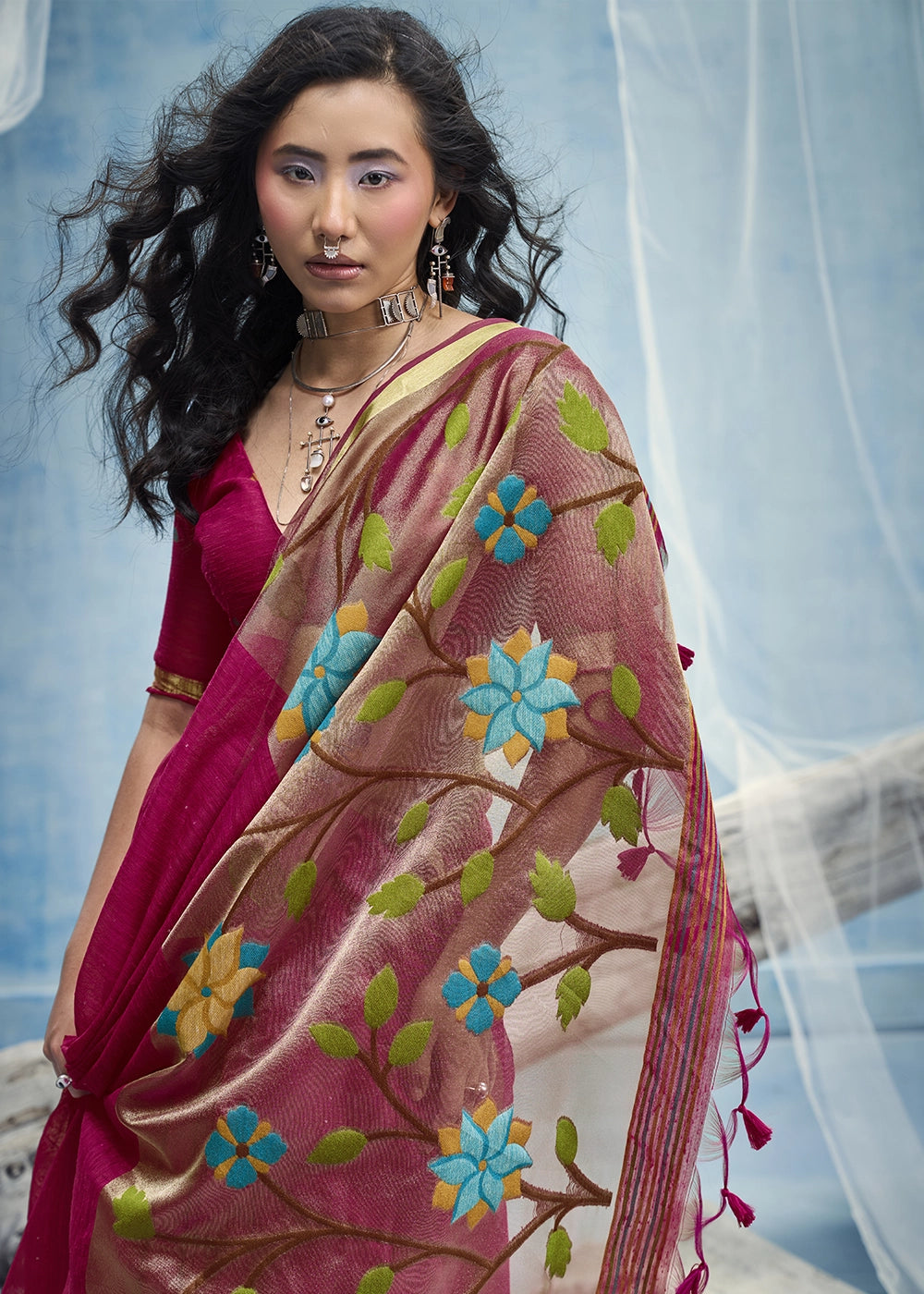Magenta Pink Munga Silk Handloom Saree with Floral Tissue Pallu
