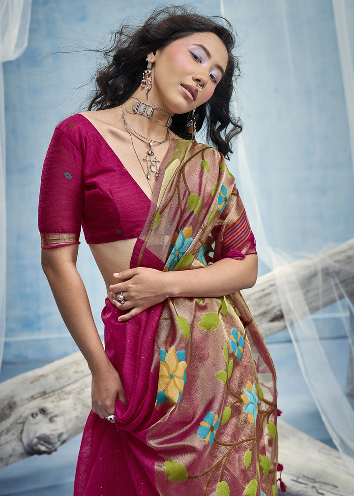 Magenta Pink Munga Silk Handloom Saree with Floral Tissue Pallu
