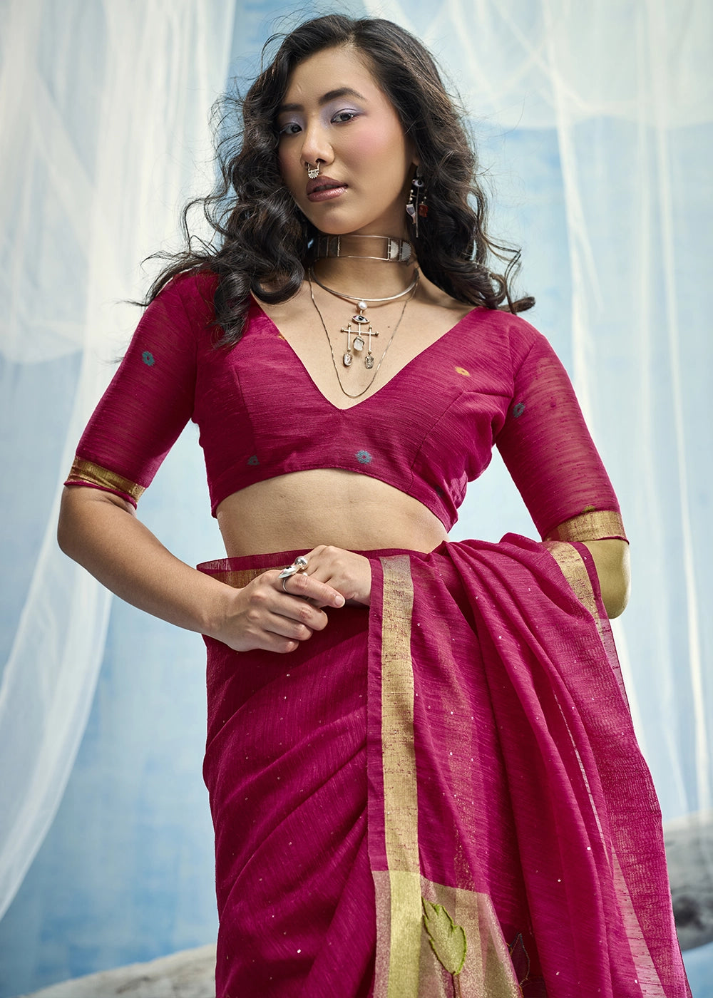 Magenta Pink Munga Silk Handloom Saree with Floral Tissue Pallu