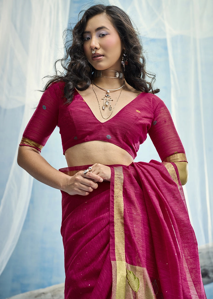Magenta Pink Munga Silk Handloom Saree with Floral Tissue Pallu