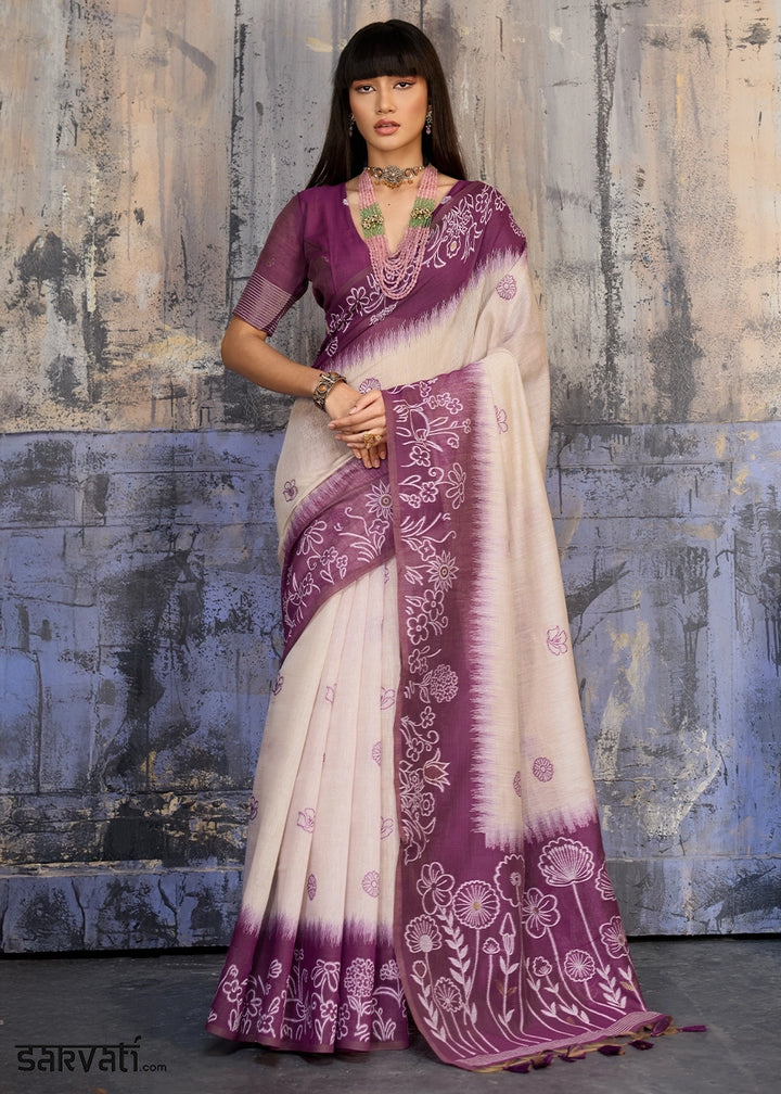 White & Purple Soft Munga Cotton Handloom Saree