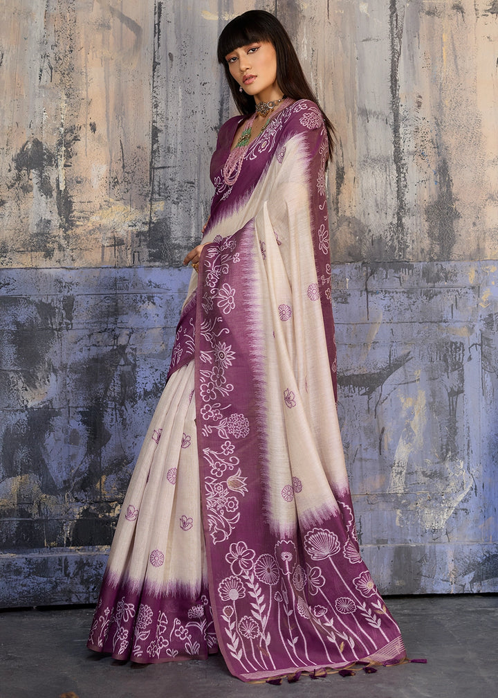 White & Purple Soft Munga Cotton Handloom Saree
