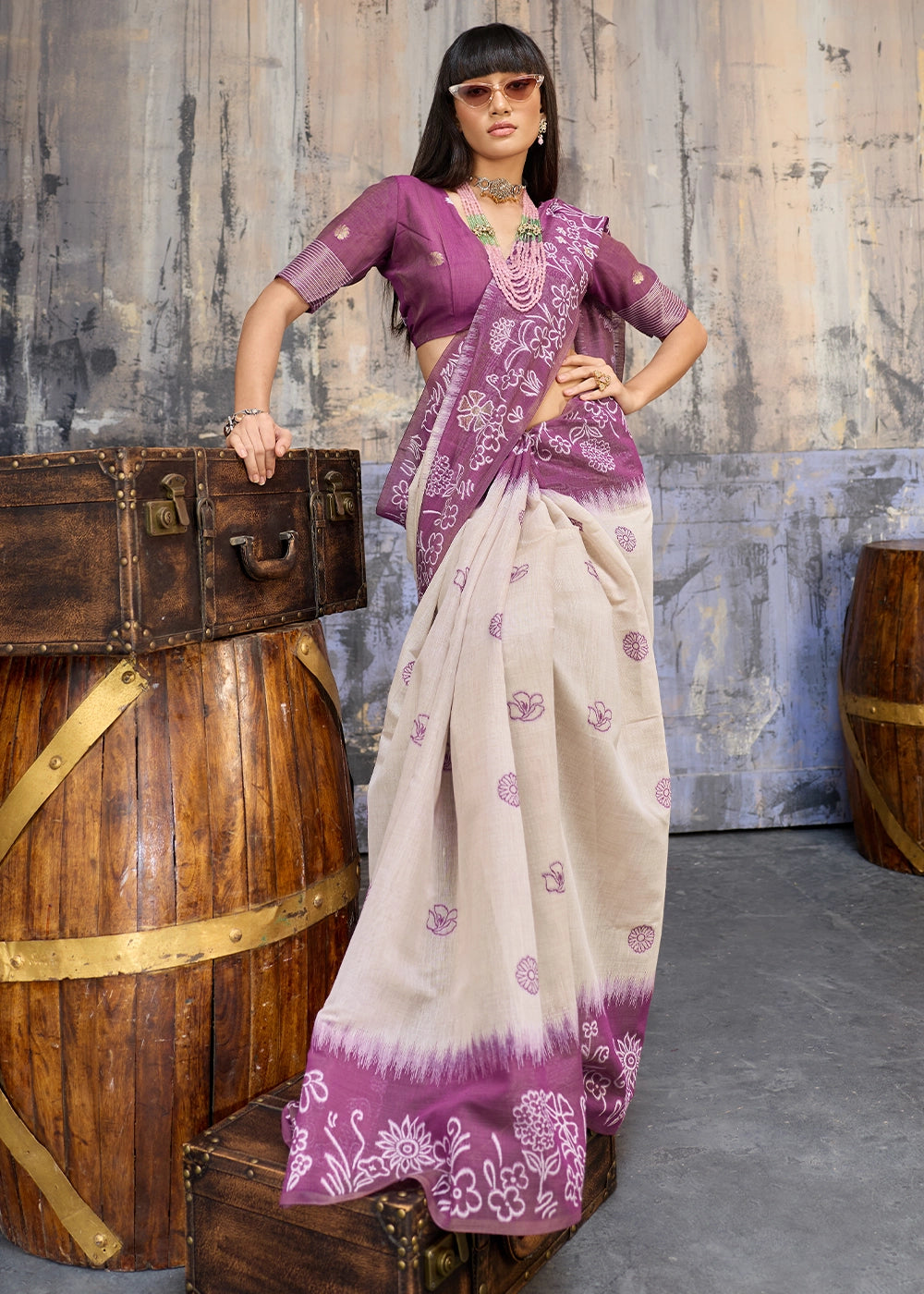 White & Purple Soft Munga Cotton Handloom Saree