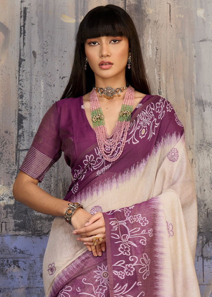 White & Purple Soft Munga Cotton Handloom Saree