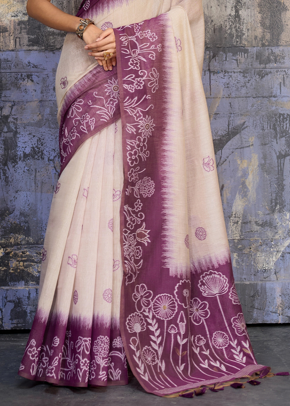 White & Purple Soft Munga Cotton Handloom Saree
