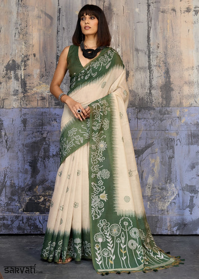 White & Green Soft Munga Cotton Handloom Saree