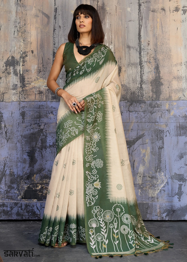 White & Green Soft Munga Cotton Handloom Saree