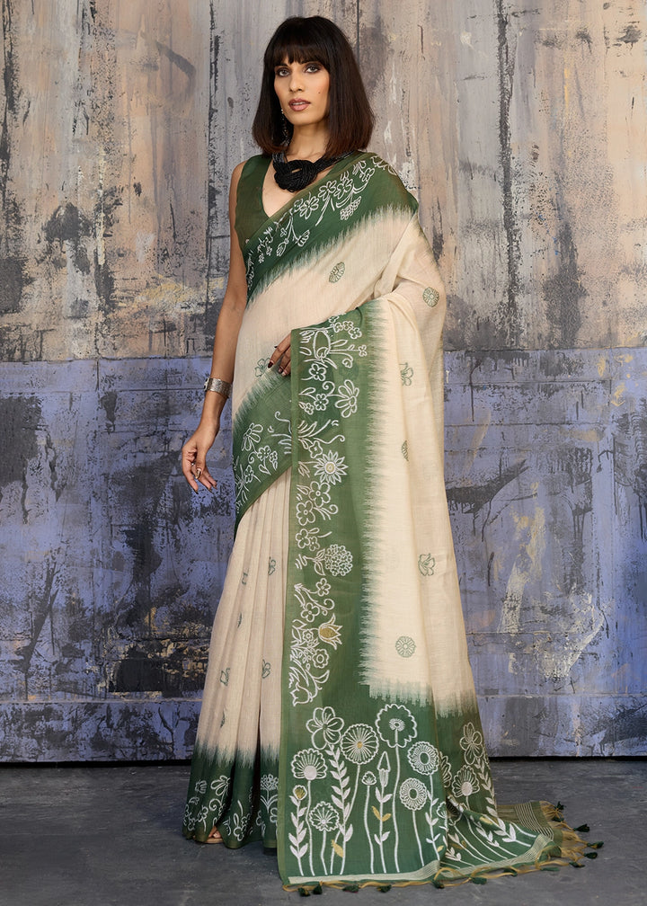White & Green Soft Munga Cotton Handloom Saree