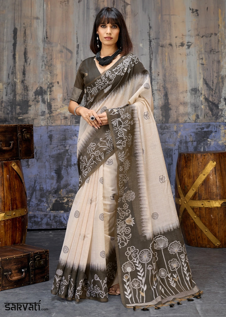 White & Grey Soft Munga Cotton Handloom Saree
