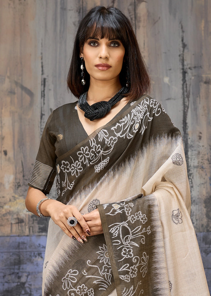 White & Grey Soft Munga Cotton Handloom Saree