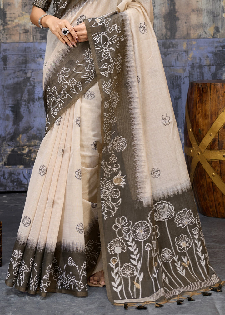 White & Grey Soft Munga Cotton Handloom Saree