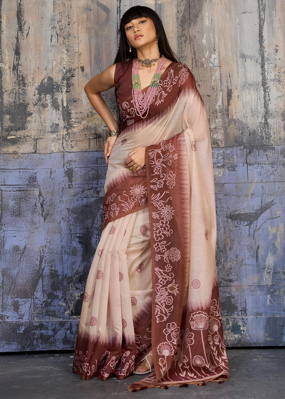 White & Brown Soft Munga Cotton Handloom Saree