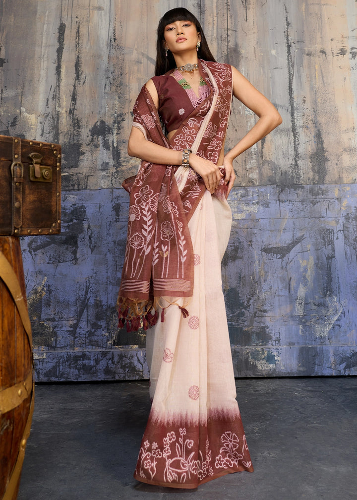 White & Brown Soft Munga Cotton Handloom Saree