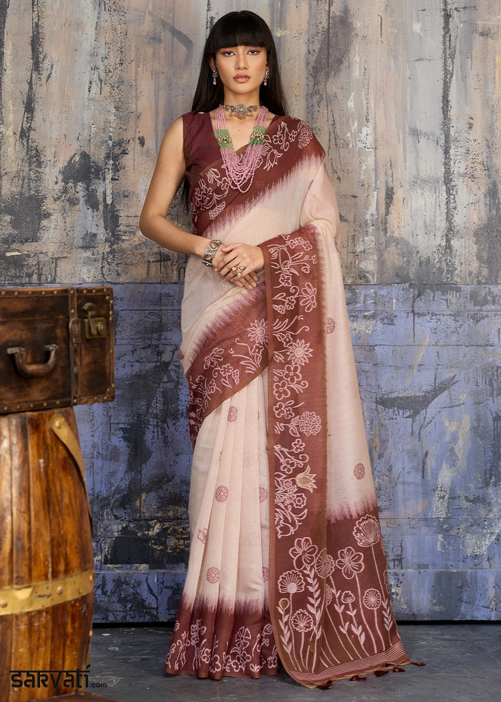 White & Brown Soft Munga Cotton Handloom Saree