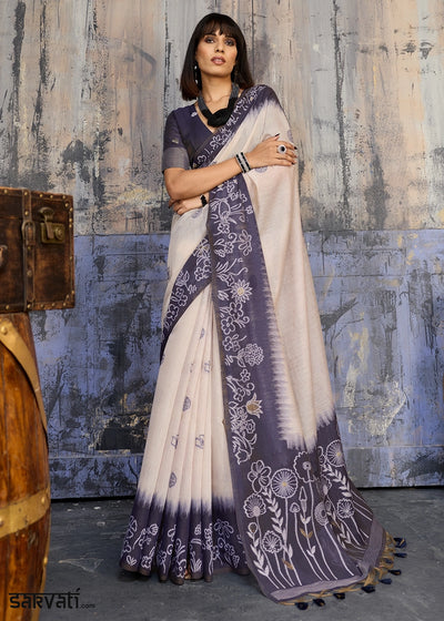 White & Blue Soft Munga Cotton Handloom Saree