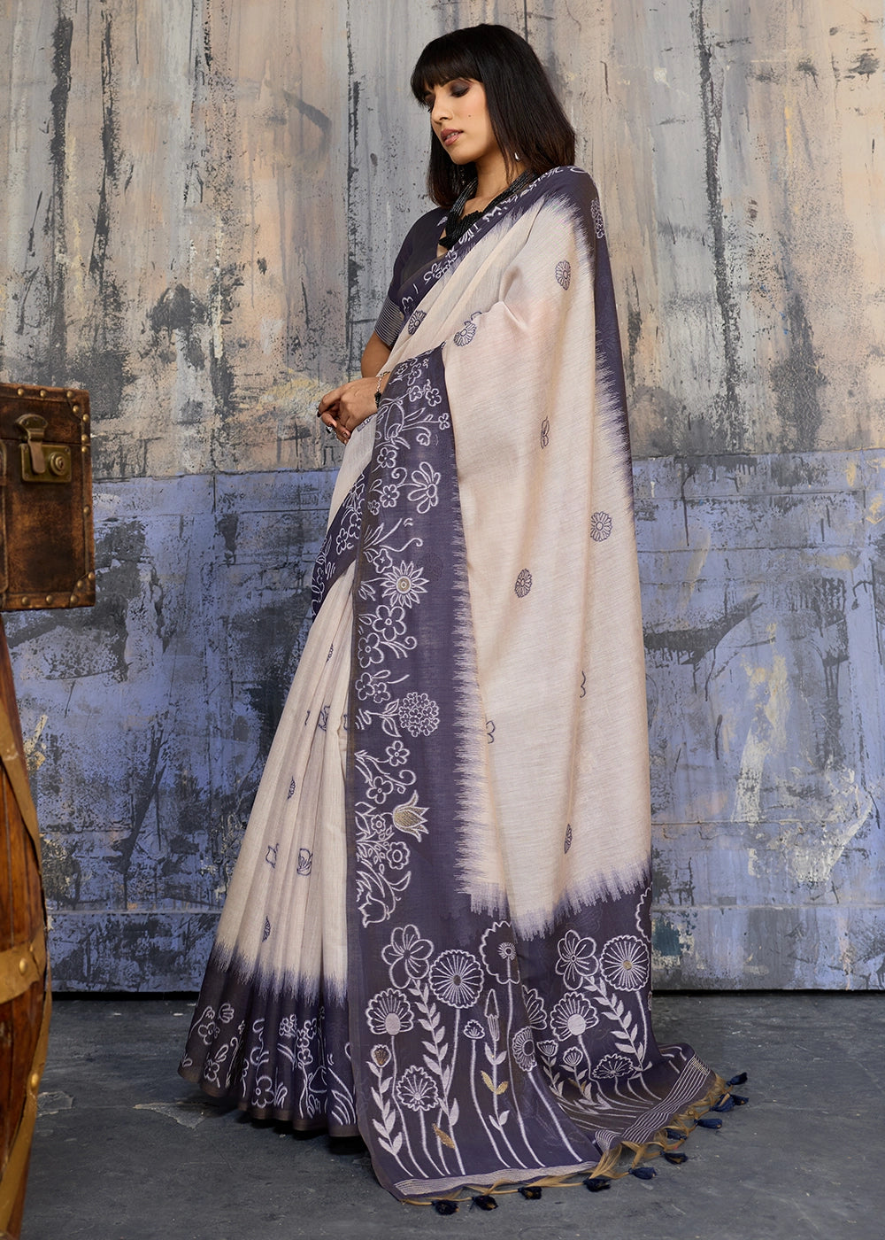 White & Blue Soft Munga Cotton Handloom Saree
