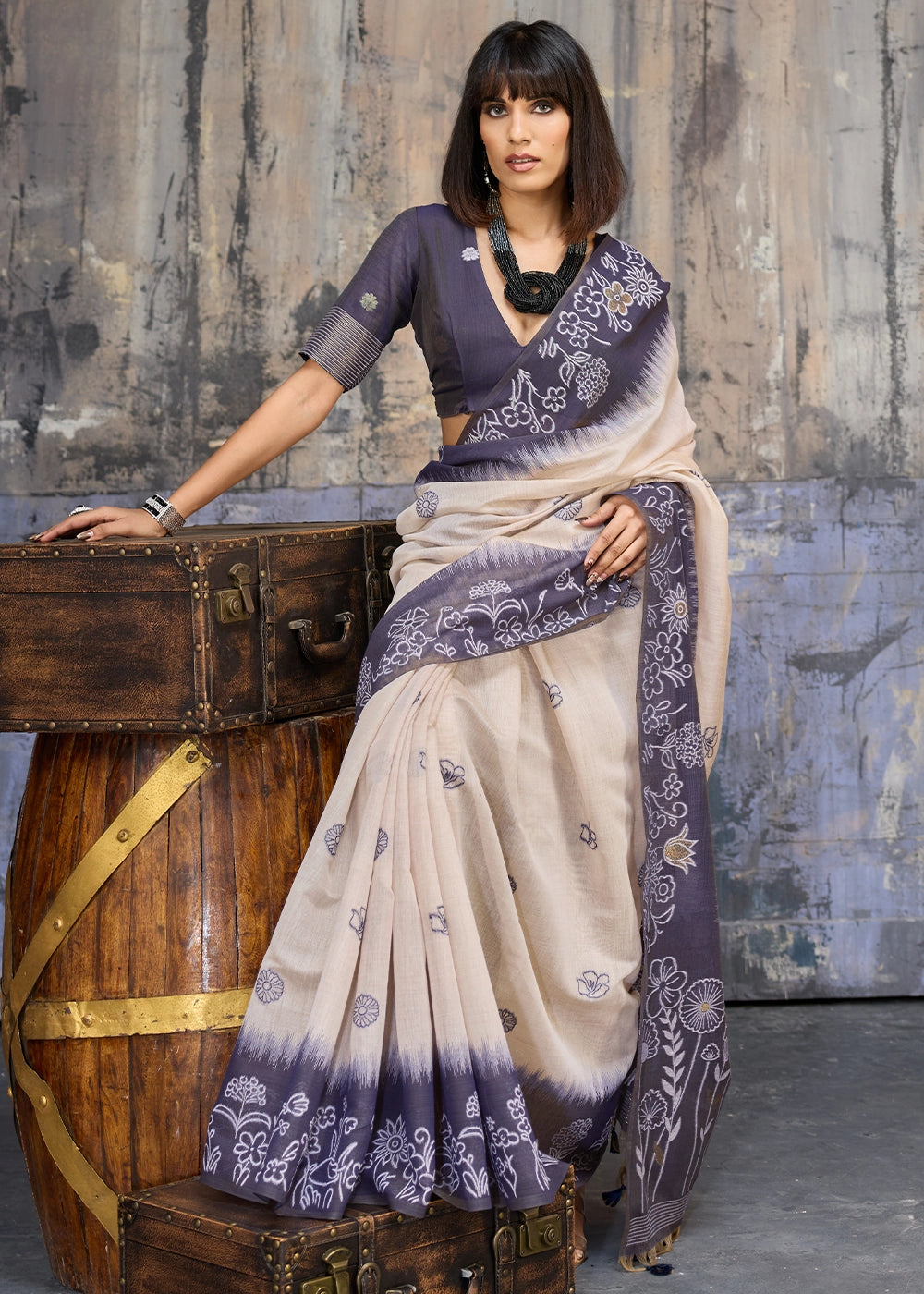 White & Blue Soft Munga Cotton Handloom Saree