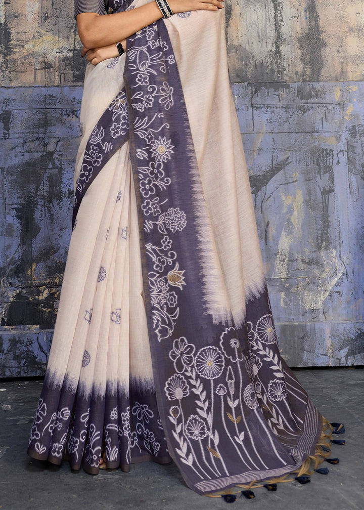 White & Blue Soft Munga Cotton Handloom Saree