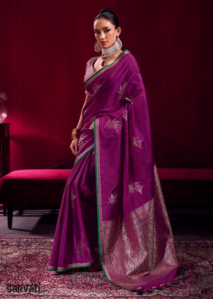 Royal Lollipop Purple Satin Silk Saree with Floral Butti Motifs