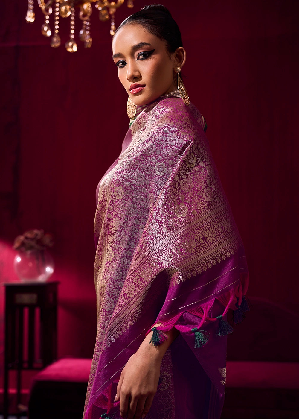 Royal Lollipop Purple Satin Silk Saree with Floral Butti Motifs