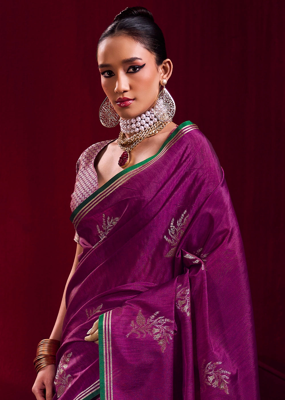 Royal Lollipop Purple Satin Silk Saree with Floral Butti Motifs