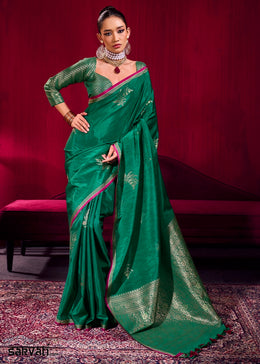 Bottle Green Satin Silk Saree with Floral Butti Motifs