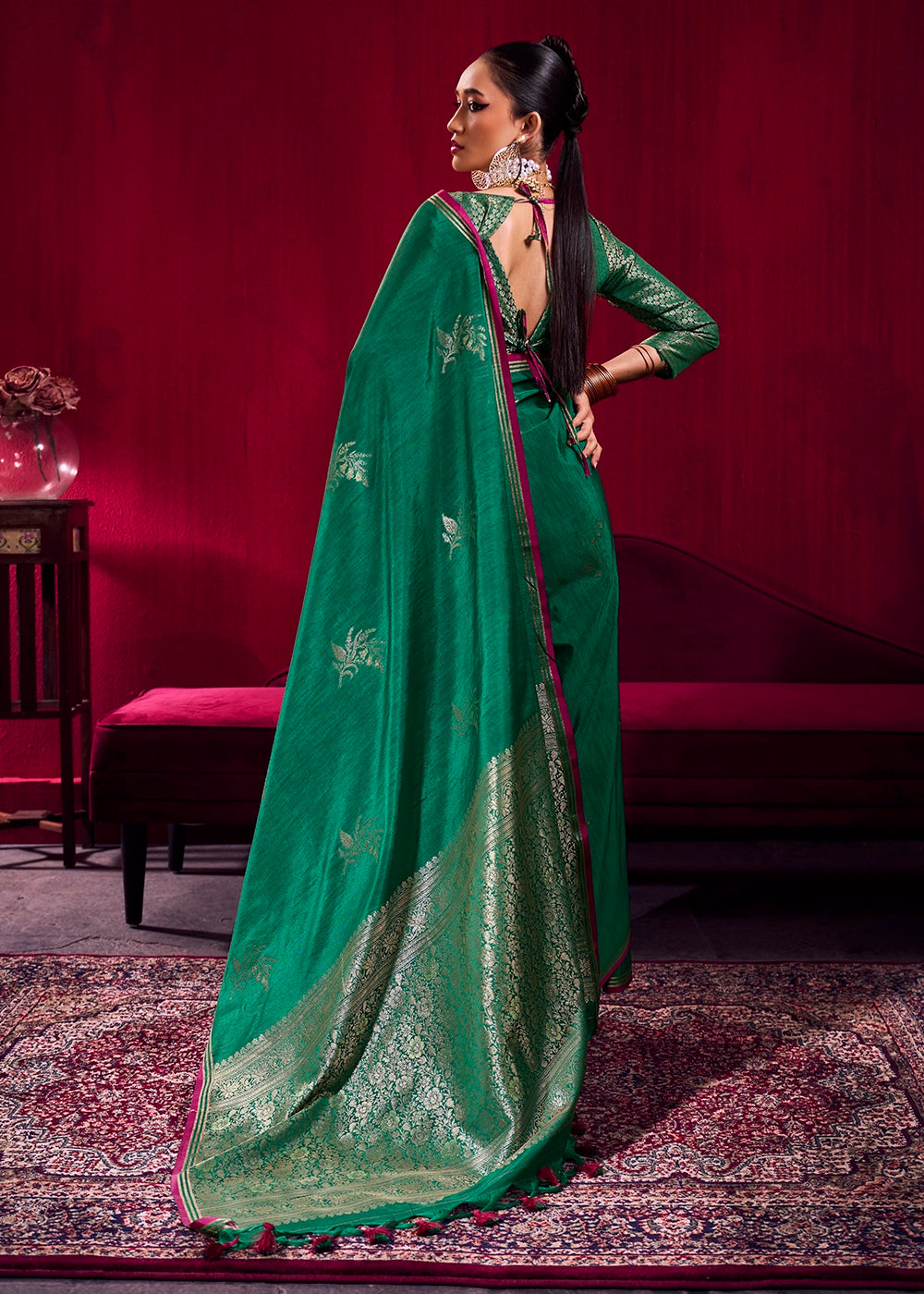 Bottle Green Satin Silk Saree with Floral Butti Motifs
