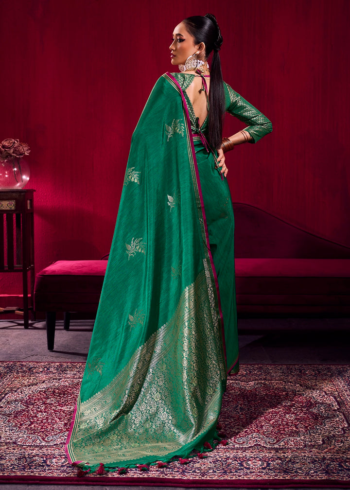Bottle Green Satin Silk Saree with Floral Butti Motifs