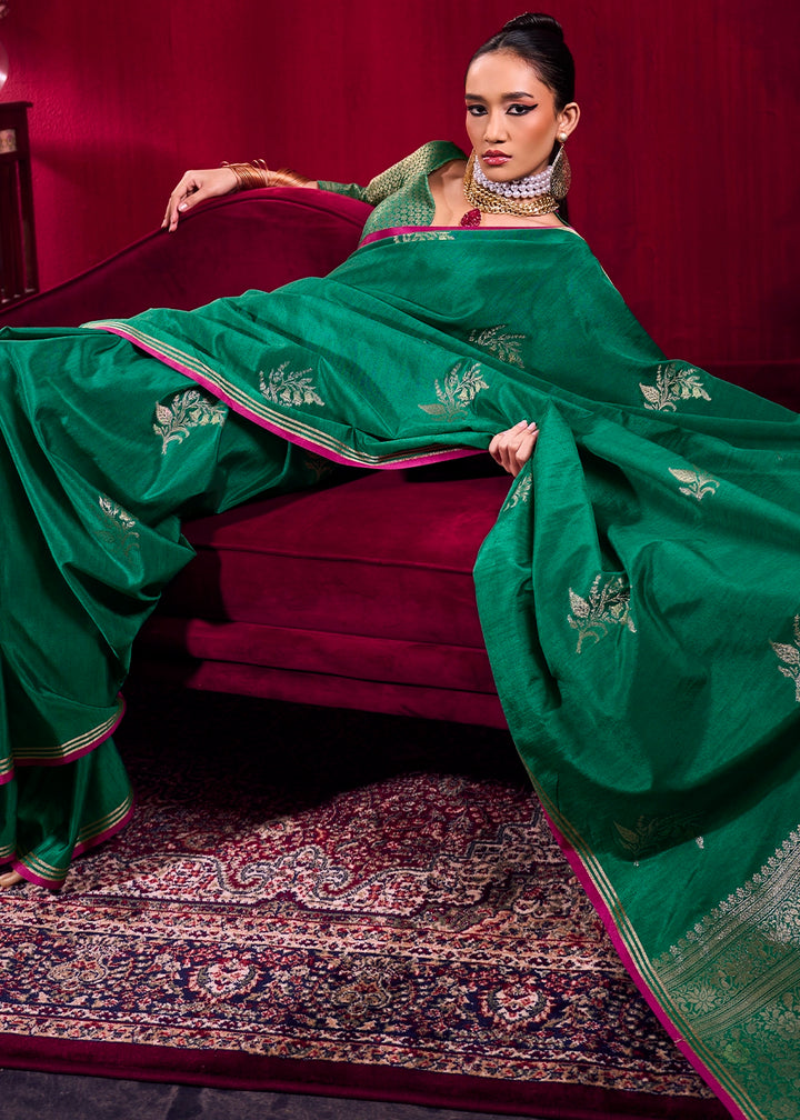 Bottle Green Satin Silk Saree with Floral Butti Motifs